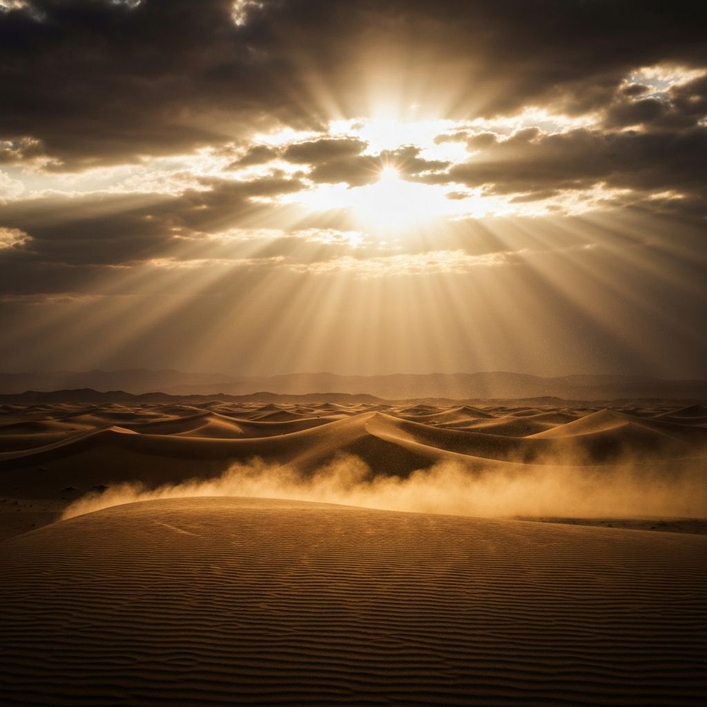 Paisaje del desierto bíblico con rayos de luz